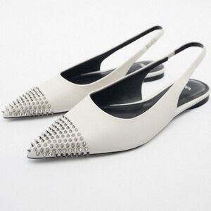 Zara White Studded Pointed Toe White Flats Shoes Size EU 38/ US 7 Slingback